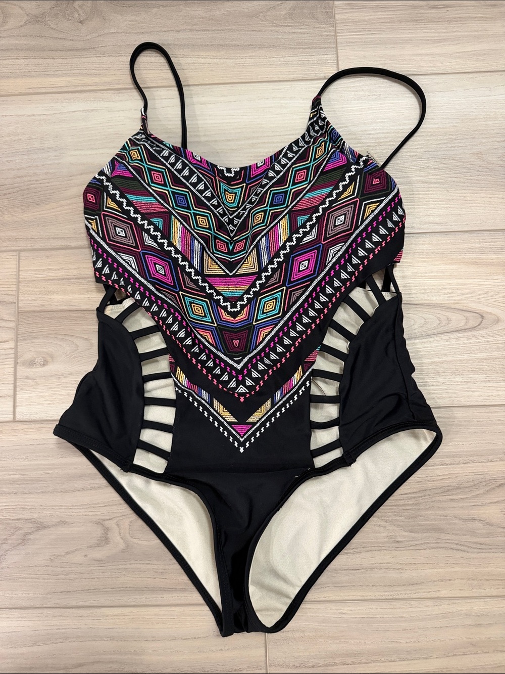 Black One-Piece Swimsuit with Colorful Aztec Print